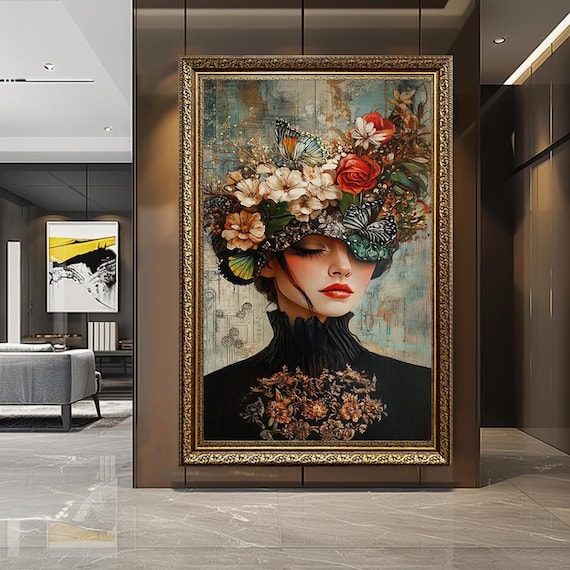 Floral Hat Woman Portrait Canvas Wall Art – Elegant Feminine Figure with Butterflies and Flowers – Romantic Boho Chic Decor Print