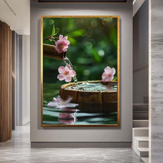 Zen Bamboo Water Fountain Canvas Wall Art – Cherry Blossom and Water Flow Print – Peaceful Nature Artwork for Spa or Meditation Decor