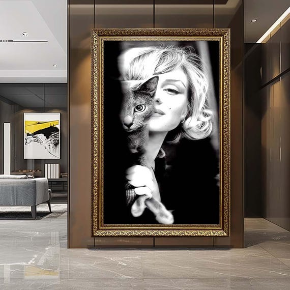 Vintage Hollywood Woman with Cat Canvas Wall Art – Black and White Retro Glam Portrait – Elegant Classic Cinema Style Decor