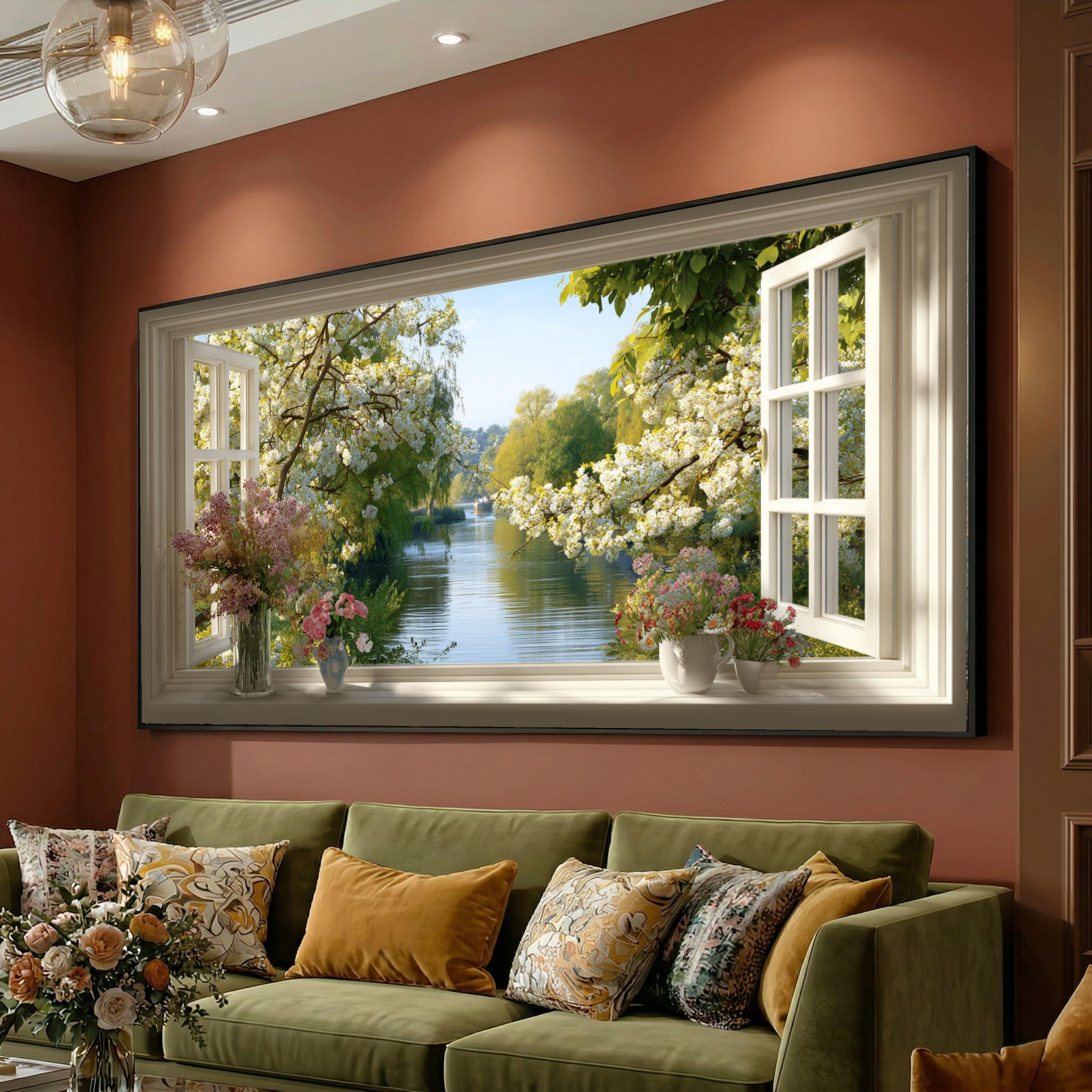Spring Blossom River View Canvas, Open Window Scene Wall Art, Floral ...