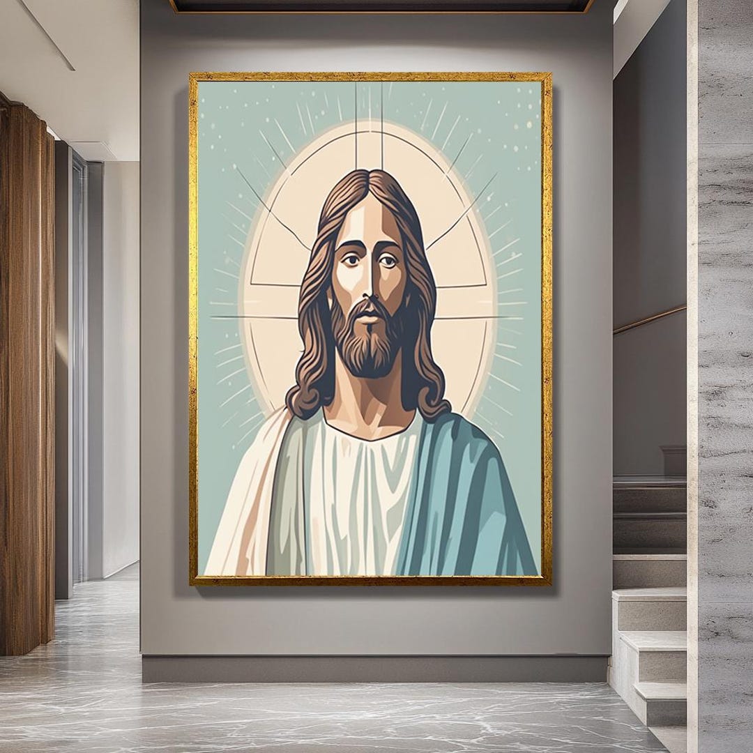 Modern Jesus Canvas Wall Art – Minimal Christian Portrait With Halo and ...