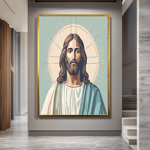 Modern Jesus Canvas Wall Art – Minimal Christian Portrait with Halo and Cross Design Spiritual Line Art for Faith-Based Contemporary Decor