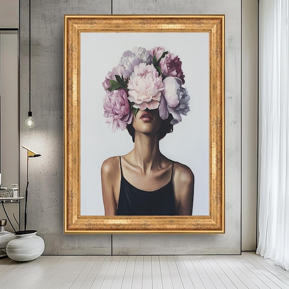 Modern Feminine Floral Portrait Wall Art | Woman with Peony Flower Crown in Black Dress | Minimalist Botanical Art Print for Home Decor