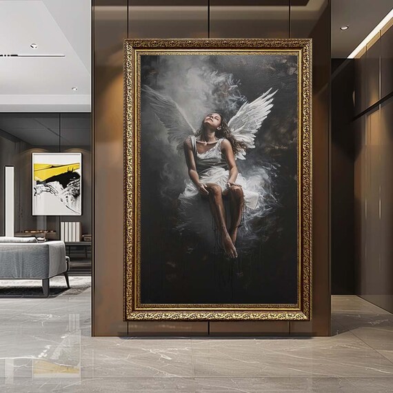 Guardian Angel Canvas Wall Art – Spiritual Angel Wings Print – Mystical Heavenly Artwork for Peaceful Home Decor