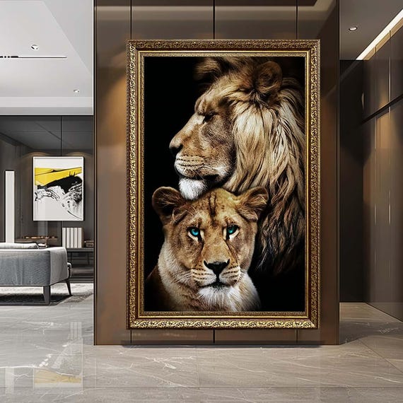 Lion and Lioness Canvas Wall Art – Majestic Wildlife Couple Portrait – Powerful Safari Animal Artwork for Modern Home Decor