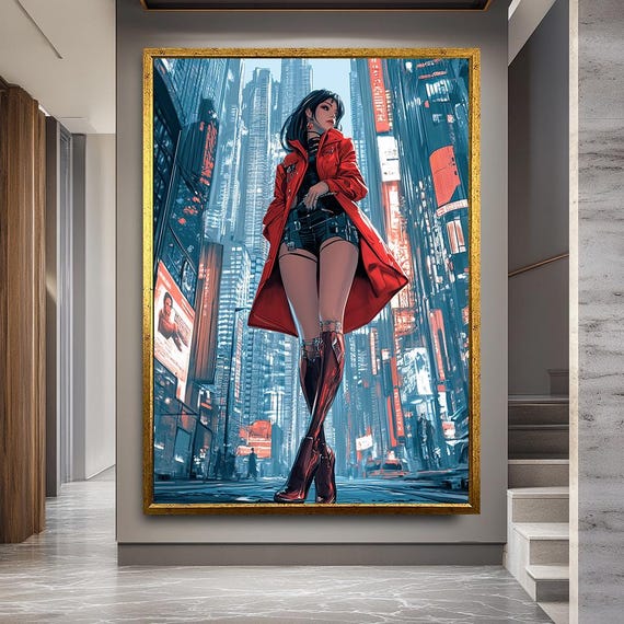 Cyberpunk Woman Canvas Print Wall Art, Futuristic City Night Scene with Red Coat, Bold Modern Decor for Bedroom or Gaming Room