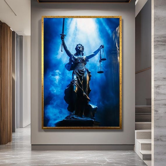 Lady Justice Canvas Wall Art, Themis Statue with Sword and Scales Print, Dramatic Blue Light Artwork for Office or Legal Space Decor