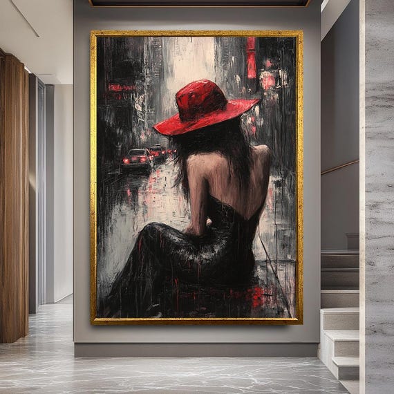 Mysterious Woman Wall Art With Red Hat And Black Dress, Moody Urban Canvas Print For Modern Bedroom Or Chic City Style Home Decor