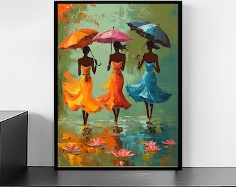 Colorful African Women Canvas Art: Elegant Umbrella Ladies Wall Decor