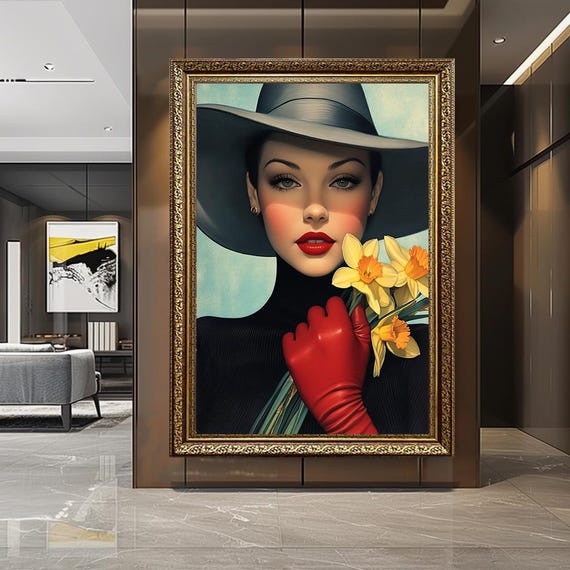 Vintage Glamour Woman Wall Art – Realistic Portrait Canvas with Hat, Red Gloves & Daffodils, Elegant Retro Fashion Illustration Print