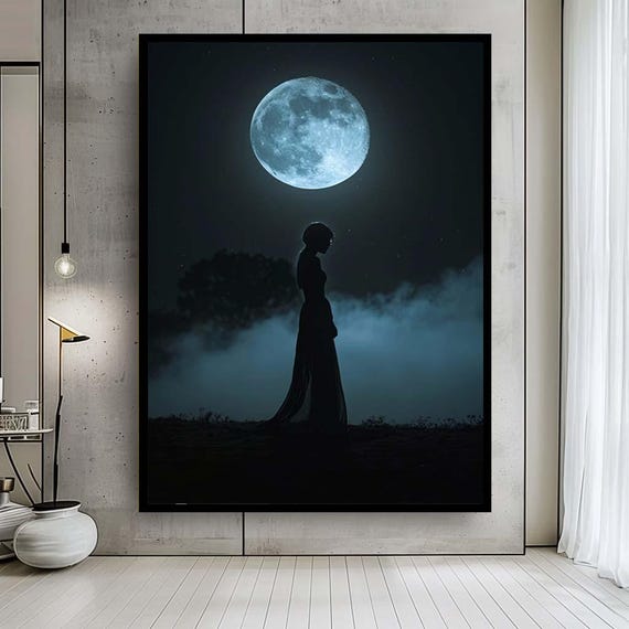 Full Moon Woman Silhouette Canvas Wall Art – Mystical Night Scene Print – Dark Feminine Energy Artwork for Moody or Spiritual Decor