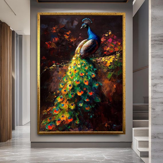 Colorful Peacock Canvas Print Wall Art with Gold Frame, Large Vibrant Bird Artwork for Living Room, Modern Exotic Animal Decor
