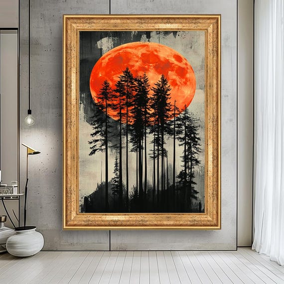 Red Moon Forest Canvas – Dramatic Silhouette Landscape Wall Art – Bold Nature Print with Trees and Full Moon for Modern Rustic Decor