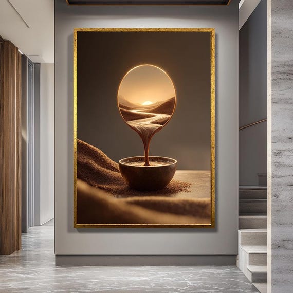 Surreal Desert Landscape Canvas – Sunset Horizon Pouring into Coffee Cup, Warm Minimalist Wall Art, Dreamy Aesthetic Desert Print