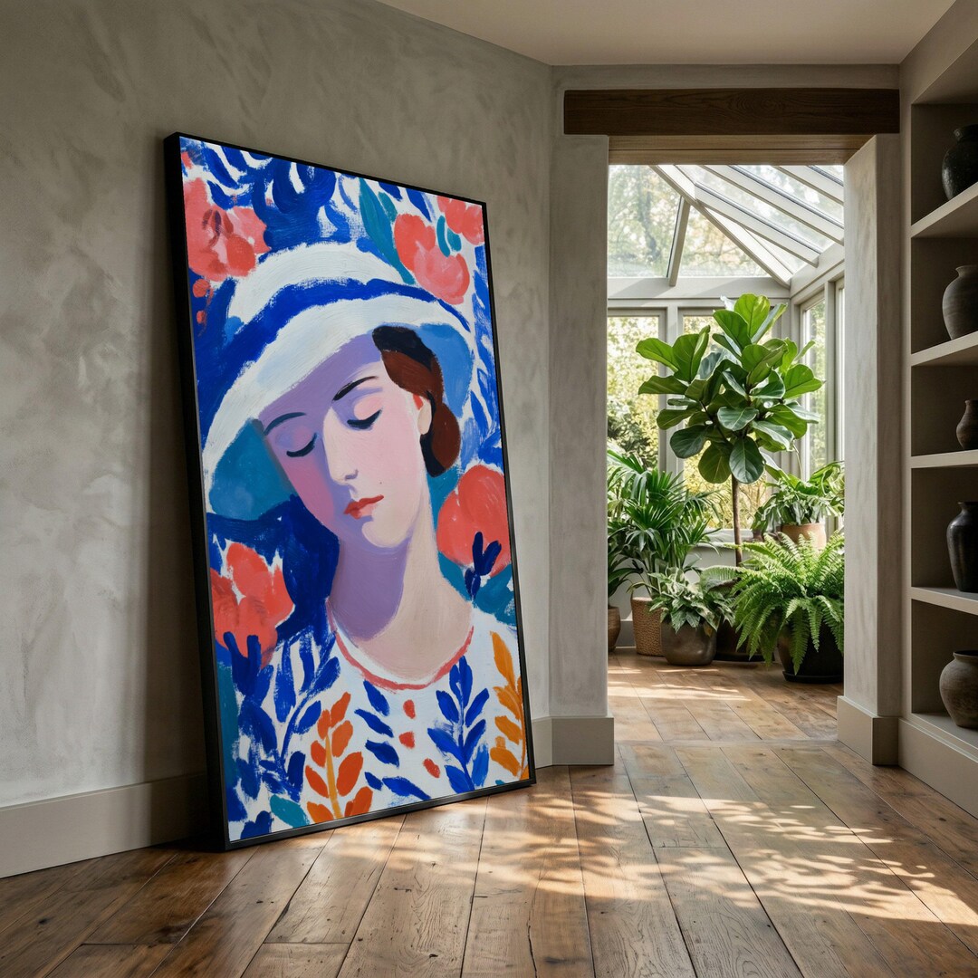 Elegant Woman in Floral Hat Canvas, Vintage Portrait Wall Art, Colorful ...