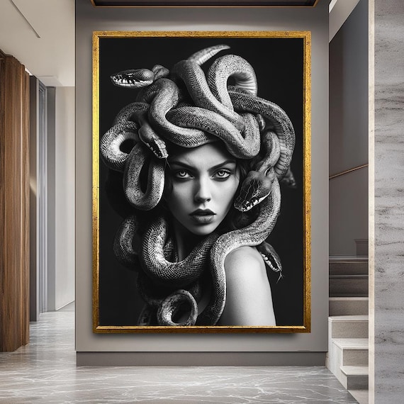 Black and White Medusa Canvas Print Wall Art, Mythical Snake Hair Woman Portrait for Gothic Decor, Dark Fantasy Artwork for Home