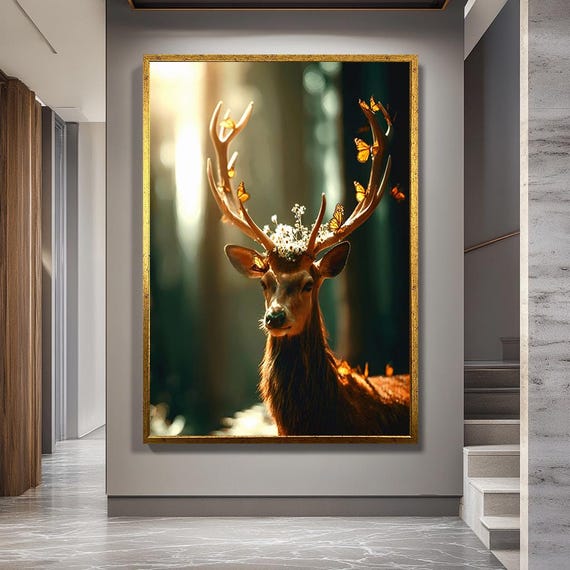 Enchanted Deer Canvas Art – Majestic Stag with Butterflies, Magical Forest Wall Decor, Fantasy Wildlife Painting, Rustic Nature Canvas Print