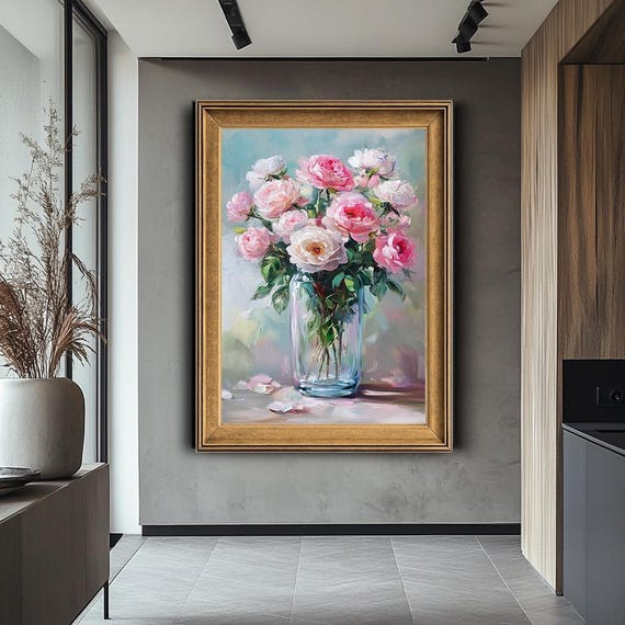 Pink and White Roses Canvas Wall Art, Romantic Floral Bouquet Print, Soft Pastel Flower Artwork for Bedroom or Living Room Decor