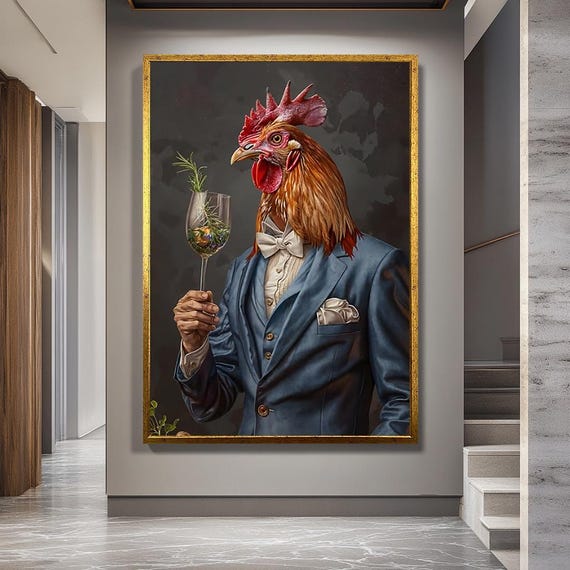 Elegant Rooster in Suit Canvas Wall Art – Funny Anthropomorphic Chicken Holding Wine Glass Modern Animal Portrait for Quirky Home Decor