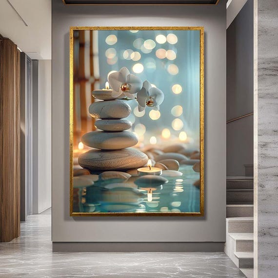 Zen Spa Stones Canvas Wall Art – Orchid Candle Meditation Print – Relaxing Wellness Artwork for Bathroom Decor