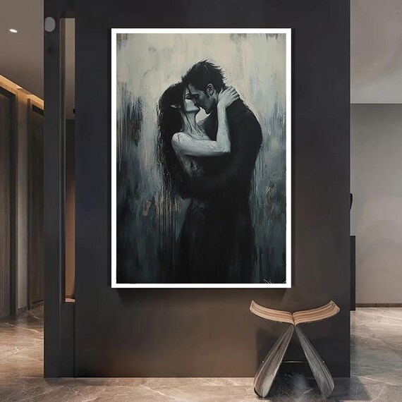 Romantic Couple Wall Art With Dark Moody Kiss Scene, Emotional Love Canvas Print For Bedroom Or Gothic Romantic Home Decor
