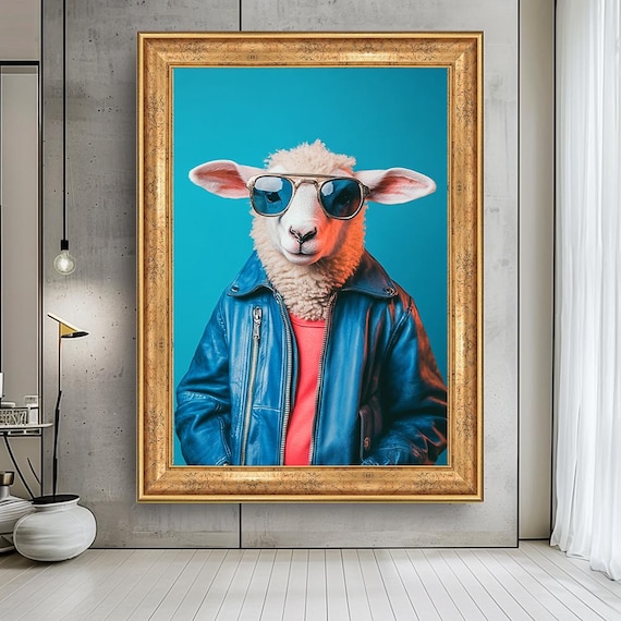 Cool Sheep Wall Art – Funky Animal Portrait in Leather Jacket and Sunglasses, Humorous Farm Animal Canvas, Quirky Blue Art Print