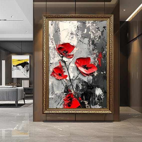 Red Poppy Canvas Print: Modern Textured Floral Wall Art