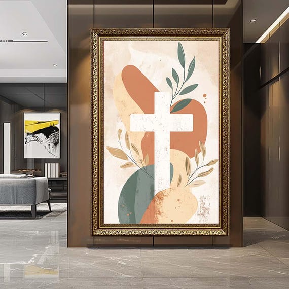 Minimalist Christian Cross Canvas Wall Art – Modern Abstract Faith Print – Spiritual Neutral Artwork for Peaceful Home Decor