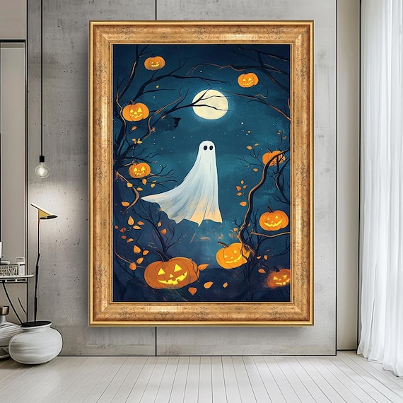 Cute Halloween Ghost Canvas Wall Art | Pumpkin & Moon Print | Spooky Fall Decor | Trick or Treat Artwork | October Nursery Poster