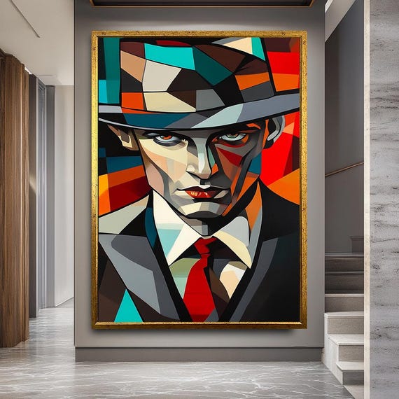 Abstract Man Portrait Canvas – Color Block Cubist Style Wall Art – Modern Mafia Vibe Artwork – Bold Colorful Face Painting for Decor