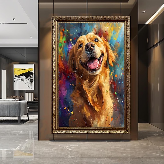 Colorful Golden Retriever Canvas Wall Art – Happy Dog Painting with Abstract Background – Modern Pet Portrait Print for Dog Lovers
