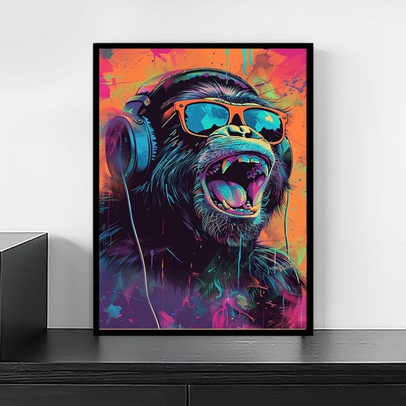 Neon Gorilla Wall Art with Headphones | Vibrant Pop Art Animal Canvas | Cool Urban Graffiti-Inspired Decor for Music Studios or Teen Rooms