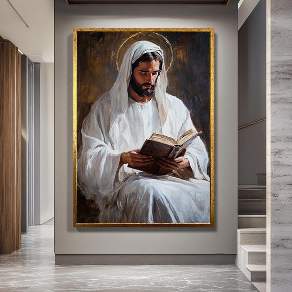 Jesus Reading Book Canvas Wall Art – Spiritual Christian Print with Sacred Halo and Holy Scripture for Faith-Based Home or Prayer Room Decor