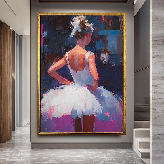 Colorful Ballerina Wall Art With White Tutu And Pink Blue Background, Impressionist Ballet Dancer Canvas Print For Dance Studio Decor