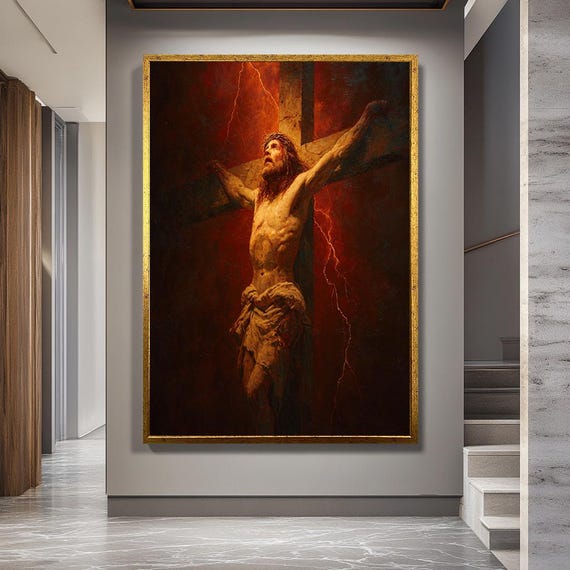 Jesus Crucifixion Canvas Wall Art – Powerful Christian Scene of Christ on the Cross with Lightning and Dramatic Light for Spiritual