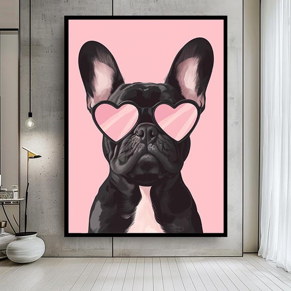 Chic French Bulldog Canvas Wall Art with Pink Heart Sunglasses – Cute Modern Dog Print for Stylish Pet Lovers Home Decor