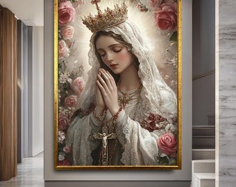 Pode incluir: Uma obra de arte religiosa emoldurada retrata uma mulher com véu branco e coroa de ouro, com as mãos juntas em oração. Uma cruz de ouro pende de um rosário. A obra é cercada por rosas cor-de-rosa e emoldurada em ouro.