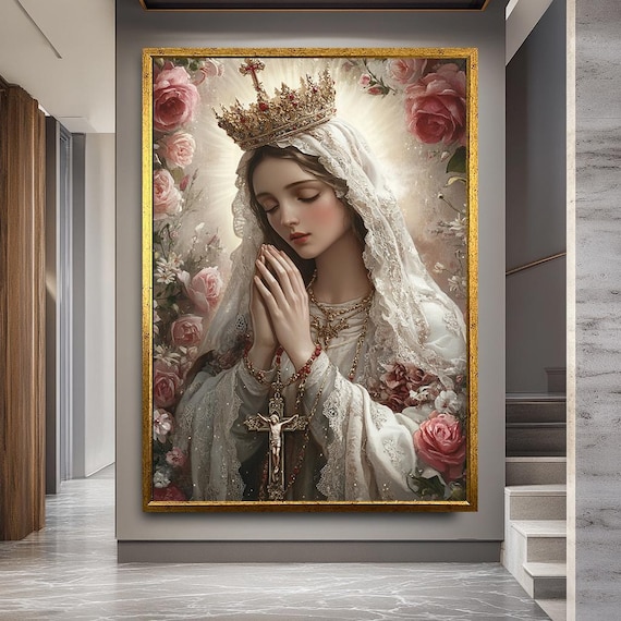 Holy Virgin Mary Canvas Wall Art – Elegant Floral Religious Painting of Madonna with Crown and Rosary – Catholic Spiritual Home Decor