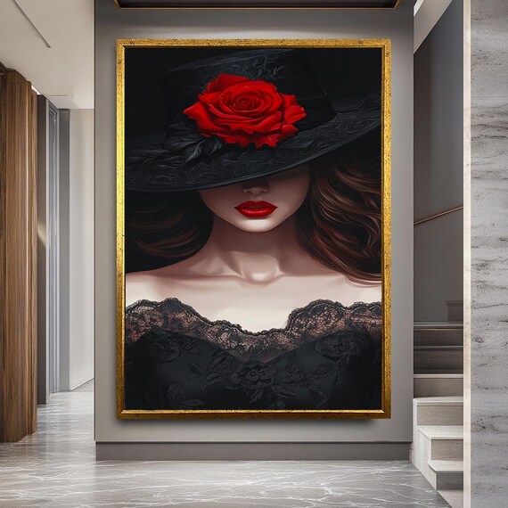Mysterious Woman with Red Rose Canvas Print, Elegant Lady in Black Hat Wall Art, Modern Glamour Portrait for Bedroom or Living Room Decor