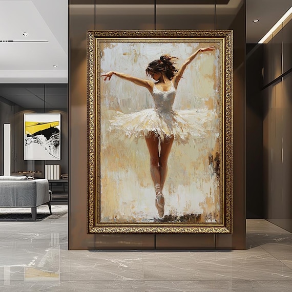 White Ballerina Canvas Wall Art – Graceful Ballet Dancer Painting in Soft Tones – Elegant Dance Decor for Bedroom, Studio or Living Room
