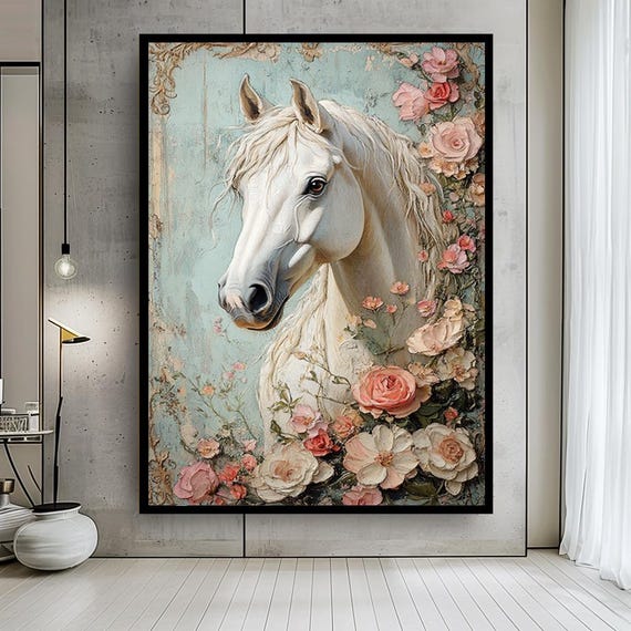 White Horse Canvas Wall Art – Romantic Floral Horse Portrait Painting – Shabby Chic Animal Print for Feminine or Vintage Home Decor