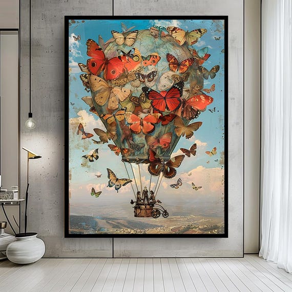 Butterfly Hot Air Balloon Canvas Wall Art, Whimsical Vintage Travel Print, Surreal Fantasy Artwork for Creative or Boho Home Decor