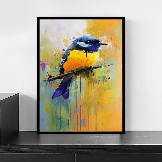 Colorful Bird Canvas Wall Art – Vibrant Yellow and Blue Songbird Canvas Print – Modern Nature Decor for Living Room, Kitchen or Entryway