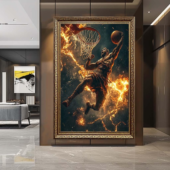 Basketball Dunk Canvas Wall Art – Fiery Slam Dunk Player Print – Dynamic Sports Artwork for Gym or Game Room Decor