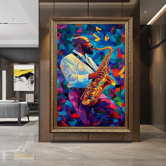 Vibrant Jazz Saxophone Canvas Print – Abstract Musician Wall Art for Music Lovers, Modern Colorful Saxophone Painting Home Decor