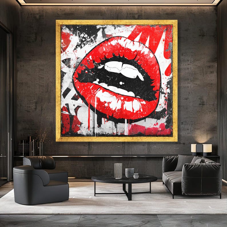 Bold Red Lips Canvas, Urban Graffiti Wall Art, Modern Pop Art Canvas ...