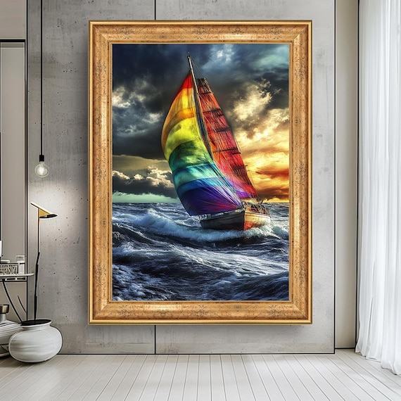 Rainbow Sailboat Wall Art – Stormy Ocean Canvas Print – Colorful Nautical Painting – Dramatic Sailing Decor for Bold Interior Design