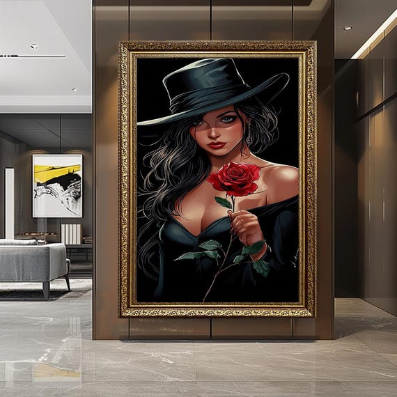 Elegant Woman with Red Rose Canvas Print, Mysterious Lady in Black Hat Wall Art, Modern Glamour Portrait for Bedroom or Living Room Decor