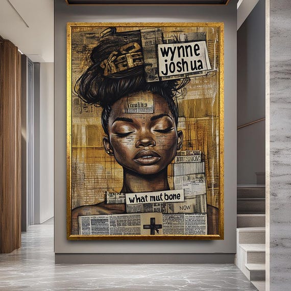 Textured Black Woman Portrait with Newspaper Collage | Empowering Mixed Media Wall Art | Contemporary Cultural Canvas for Modern Spaces