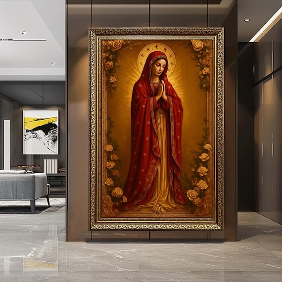 Virgin Mary Canvas Wall Art – Sacred Madonna Religious Print – Christian Spiritual Artwork for Prayer Room Decor